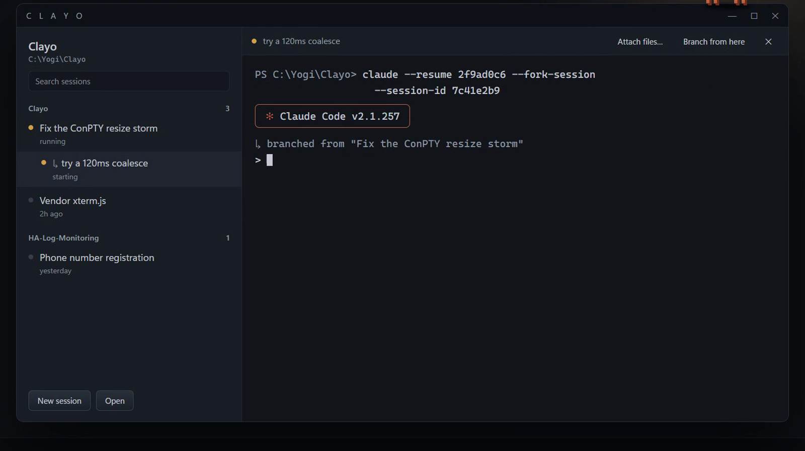 Clayo window with sessions in a sidebar and a live Claude Code terminal