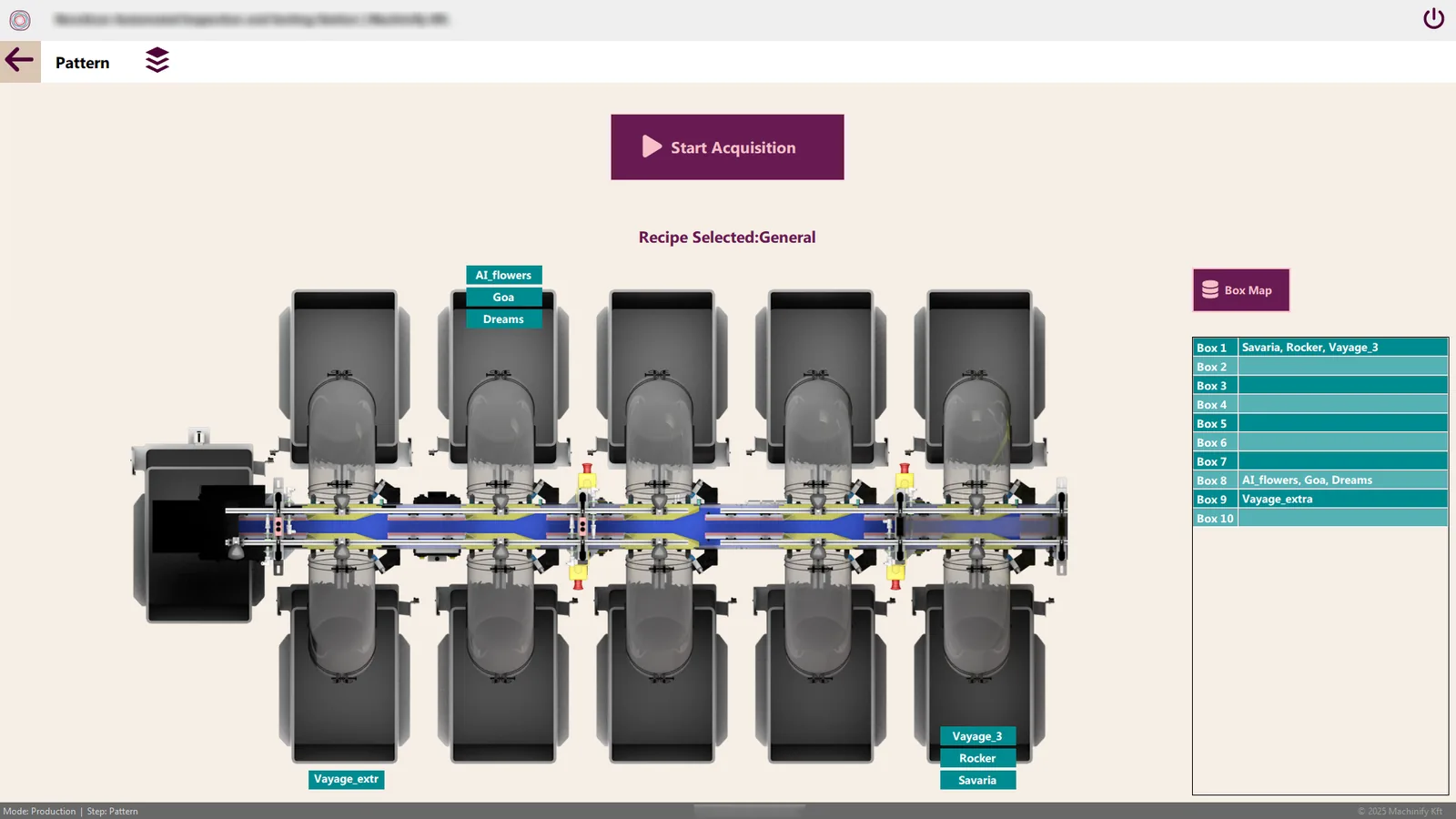 Sorting station screen mapping inspection results to output boxes, details blurred